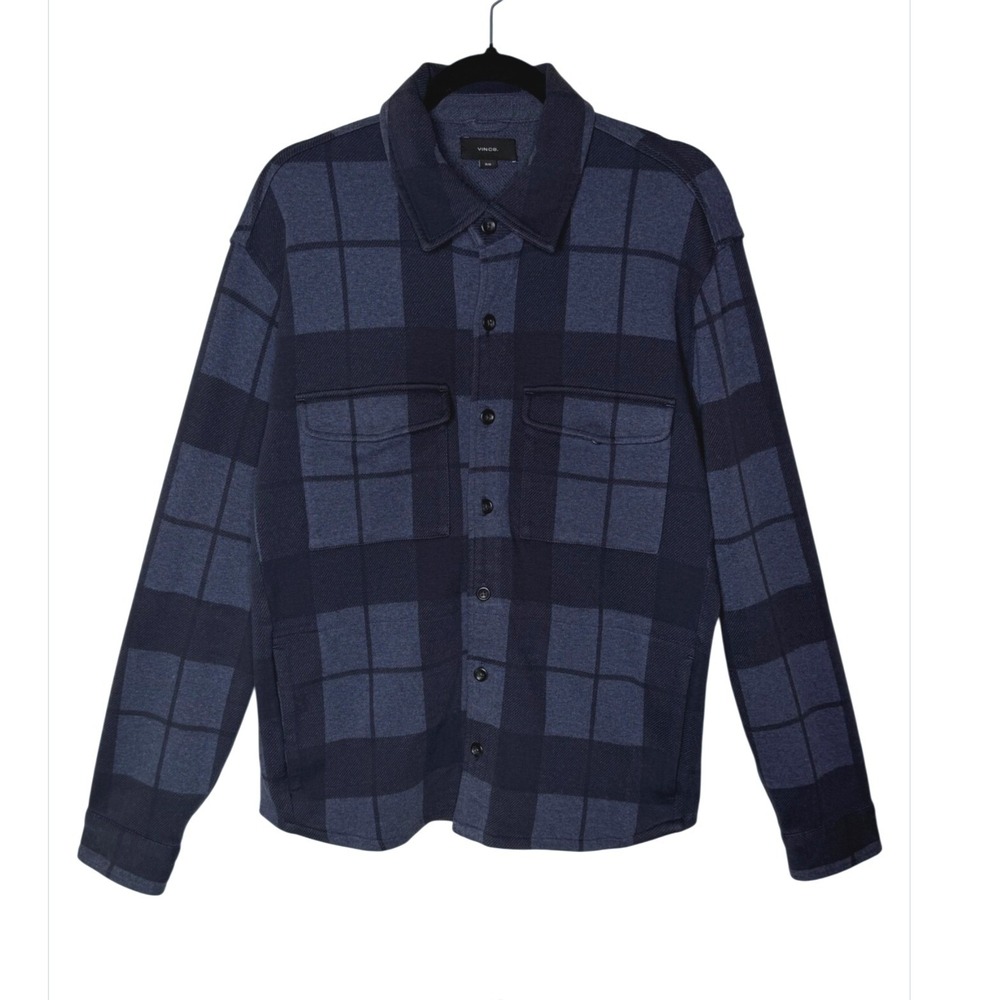 Vince Mens Regular Fit Shirt Jacket Medium Blue Black Plaid Cotton Blend Fall